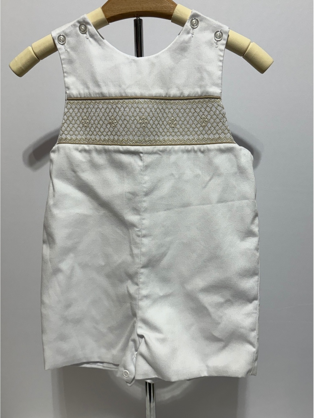 Le Za Me Baby 18M White Smocked Romper Gold Trim Heirloom Shortall